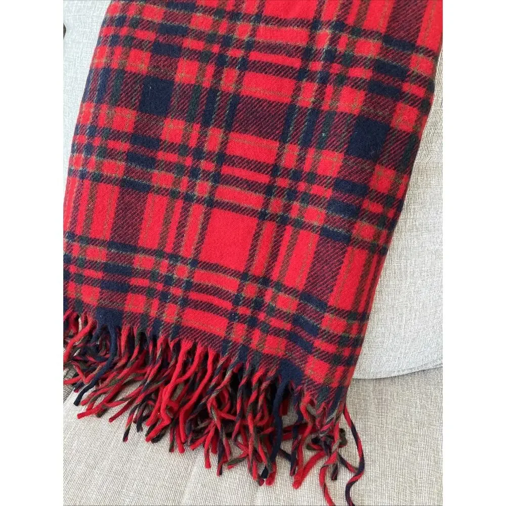 Vintage Pendleton Plaid 100% Wool Fringe Blanket Red Blue Made USA Approx. 52x72